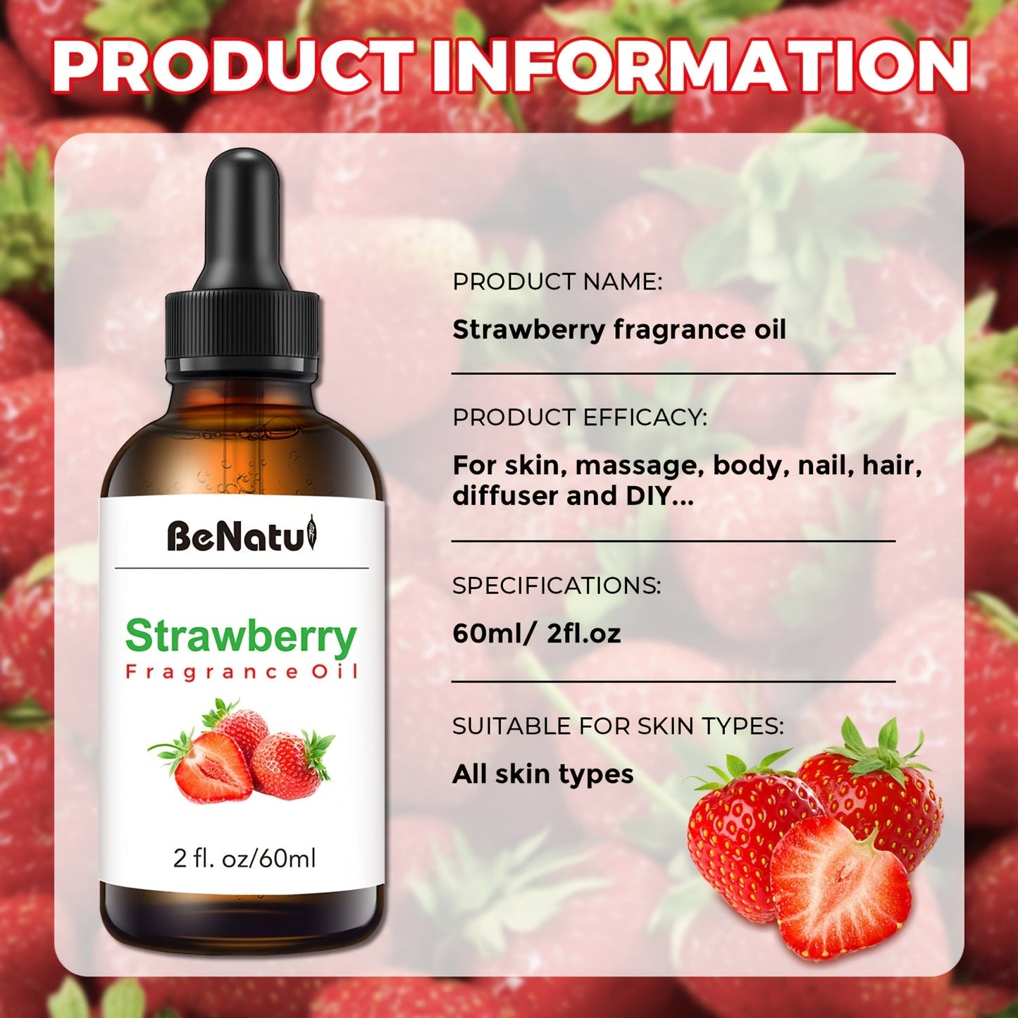 Strawberry Fragrance Essential Oil 60ml For Humidifier, Diffuser, Scented Candle - (2 Oz) - Suitable For Bedroom, Home, Hotel, Restaurant - Local Warehouse