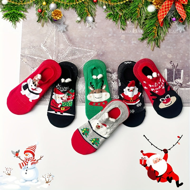 6 Pairs Christmas Cartoon Print Socks, Soft & Comfy Low Cut Ankle Socks, Women's Stockings & Hosiery