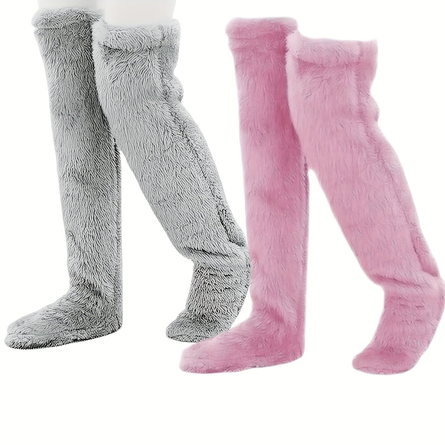 Fuzzy Thigh High Stockings, Warm Over-the-Knee Socks for Women, Solid Color