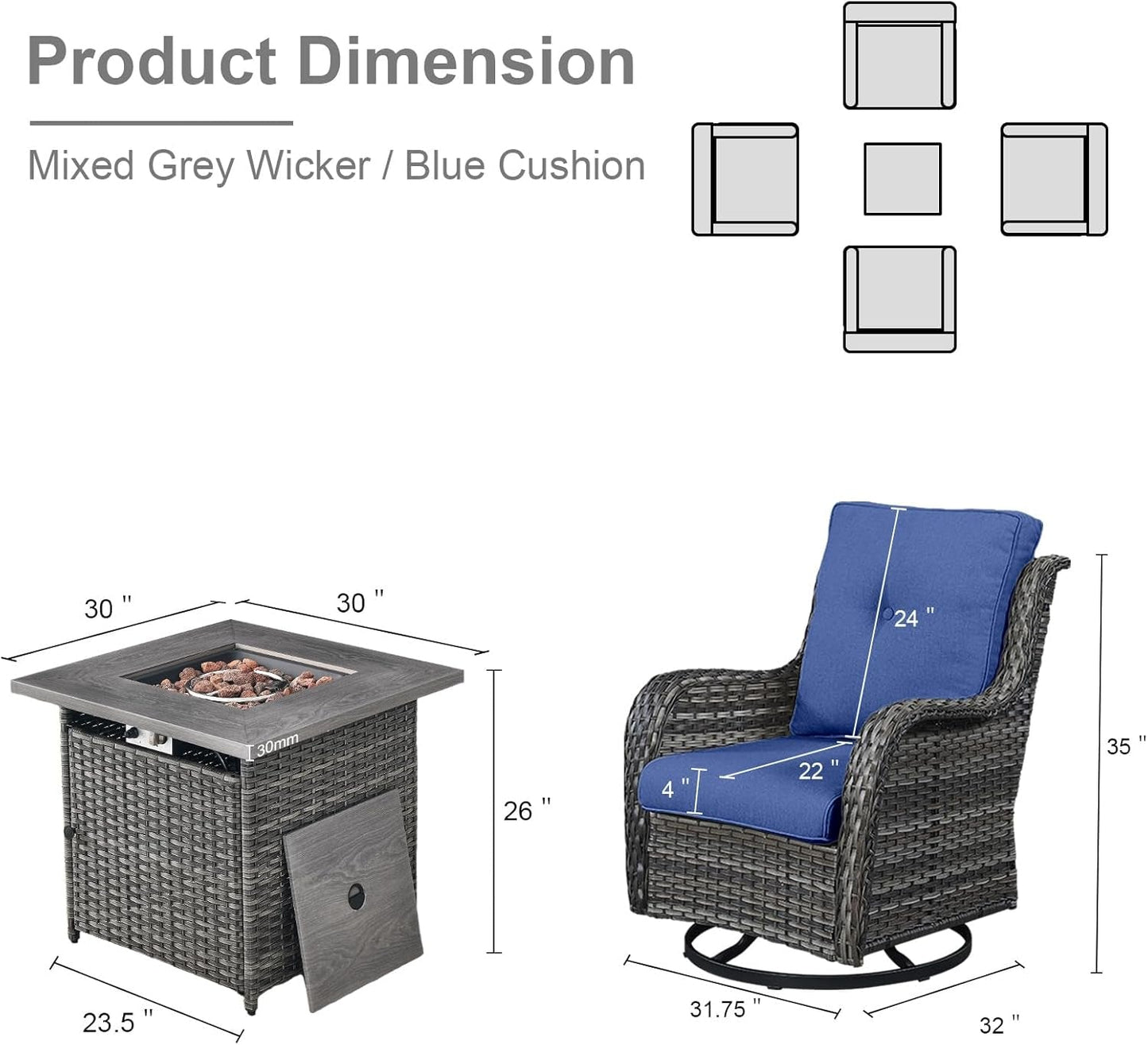 5 Piece Patio Wicker Set With Propane Fire Pit Table