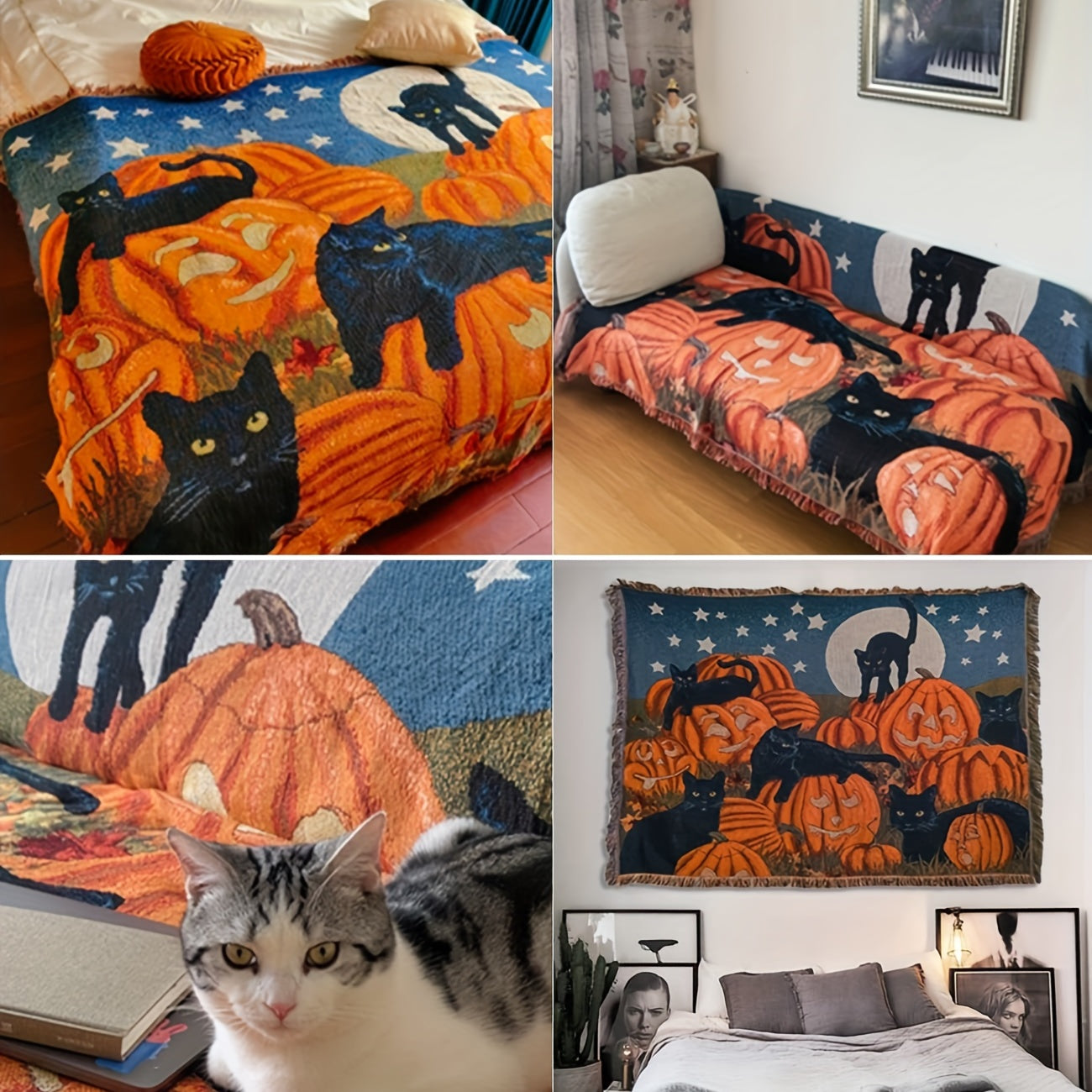 1pc Halloween Blanket Sofa Blanket Fringe Throw Blanket 100% Cotton Lightweight For Chair Sofa Couch Bed Cover Fit Home Cozy Knit Blankets