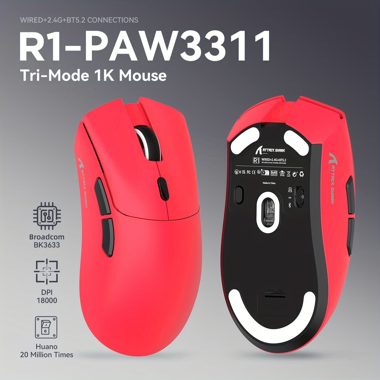 ATTACK SHARK R1 PRO 59g SUPERLIGHT Mouse, PixArt PAW3311 Gaming Sensor, BT/2.4G Wireless/Wired Gaming Mouse, 6 Adjustable Up To 18000, 65 Hrs Battery, Office Mice For Win11/Xbox/PS/Mac (()Black )