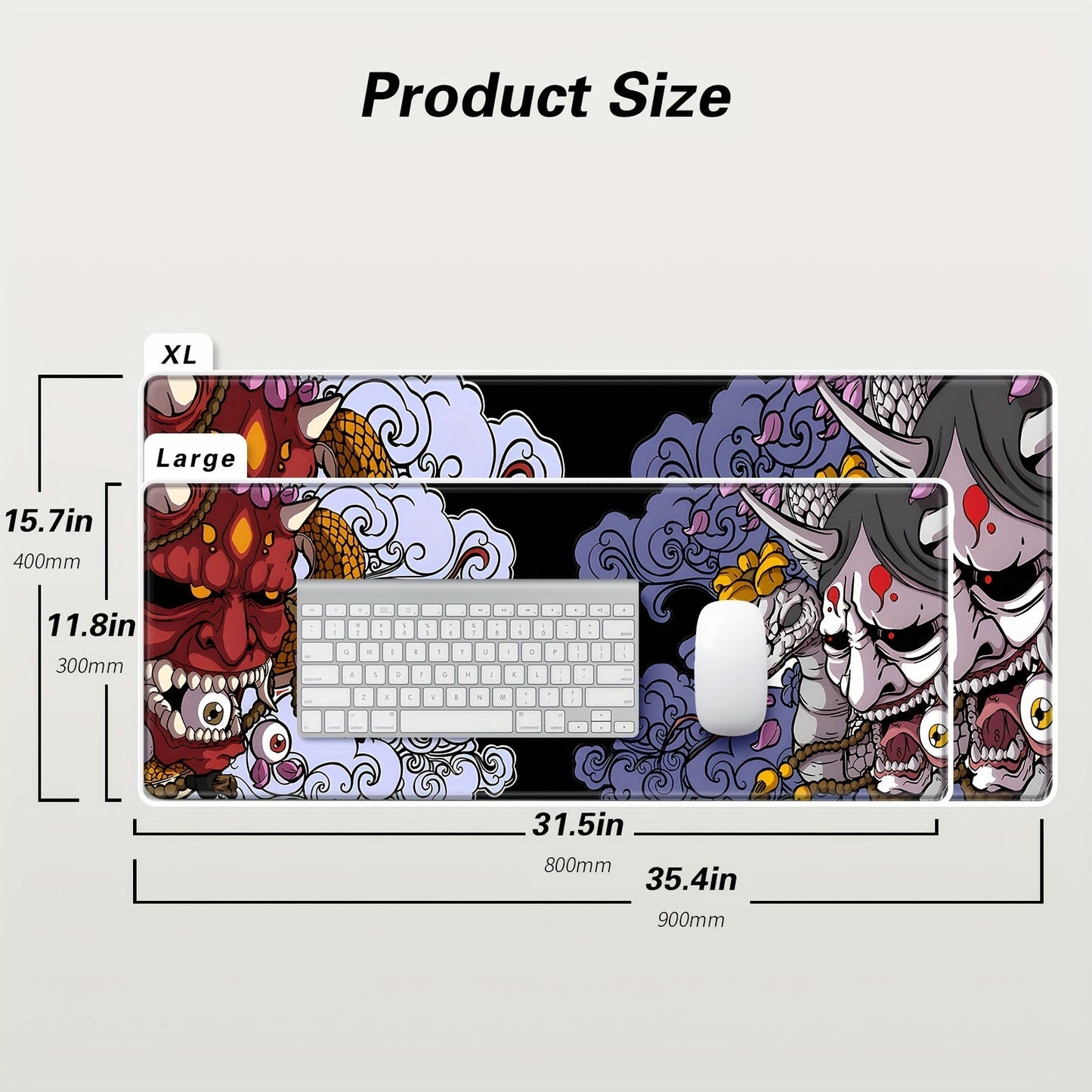 XXL Gaming Mouse Pad, Non-Slip Rubber Base Desk Mat, Washable Office Keyboard Pad with Japanese Oni Design, Mouse Pads for Desk