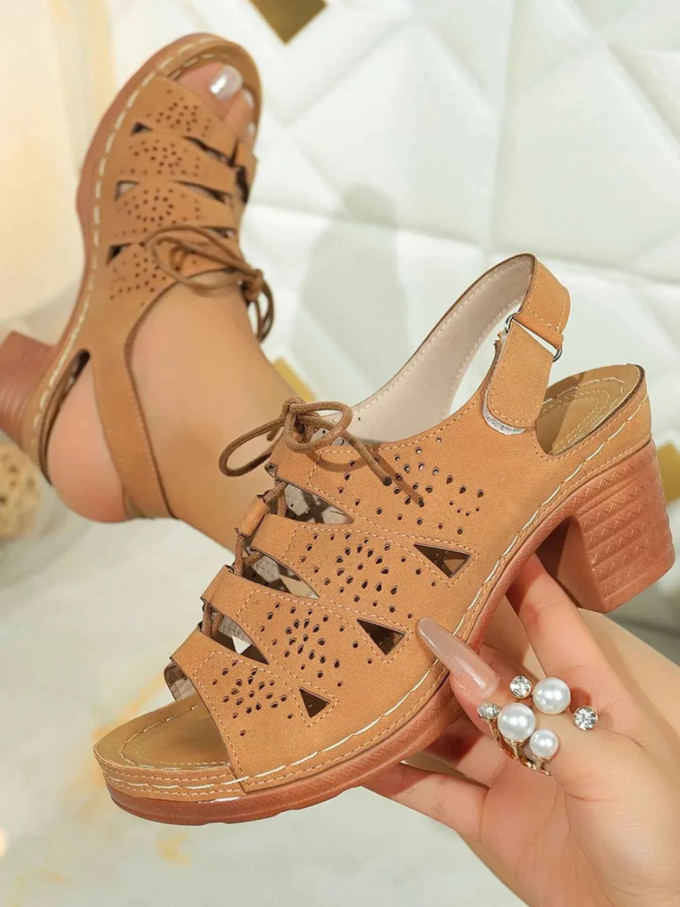 Elegant Block : Heel Sandals With Laces