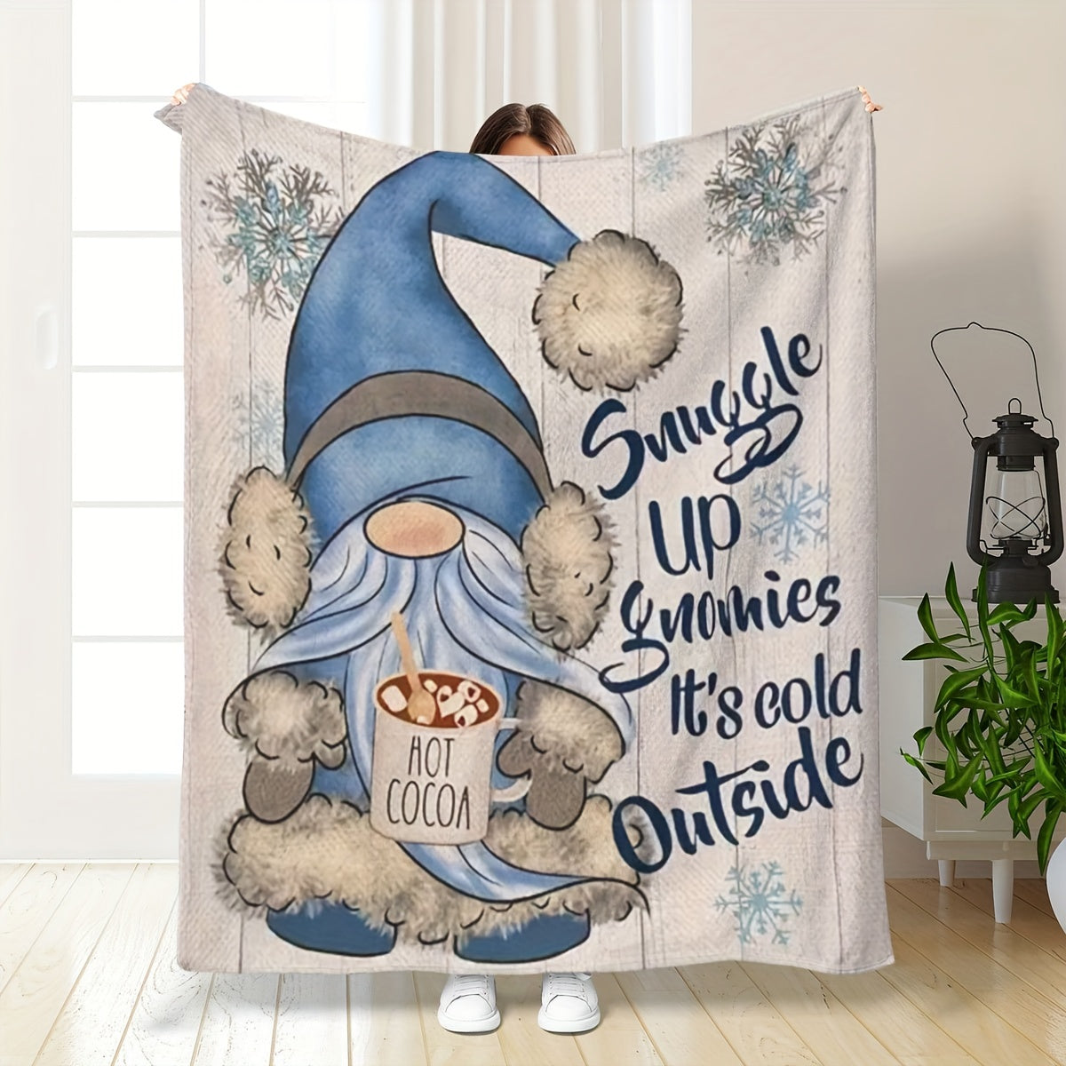 1pc Cozy Christmas Blue Gnome Printed Flannel Blanket - Soft, Warm, Multi-Purpose Shawl for Office, Home, Leg Cover - Perfect for Cold Winter Nights, Gift Idea