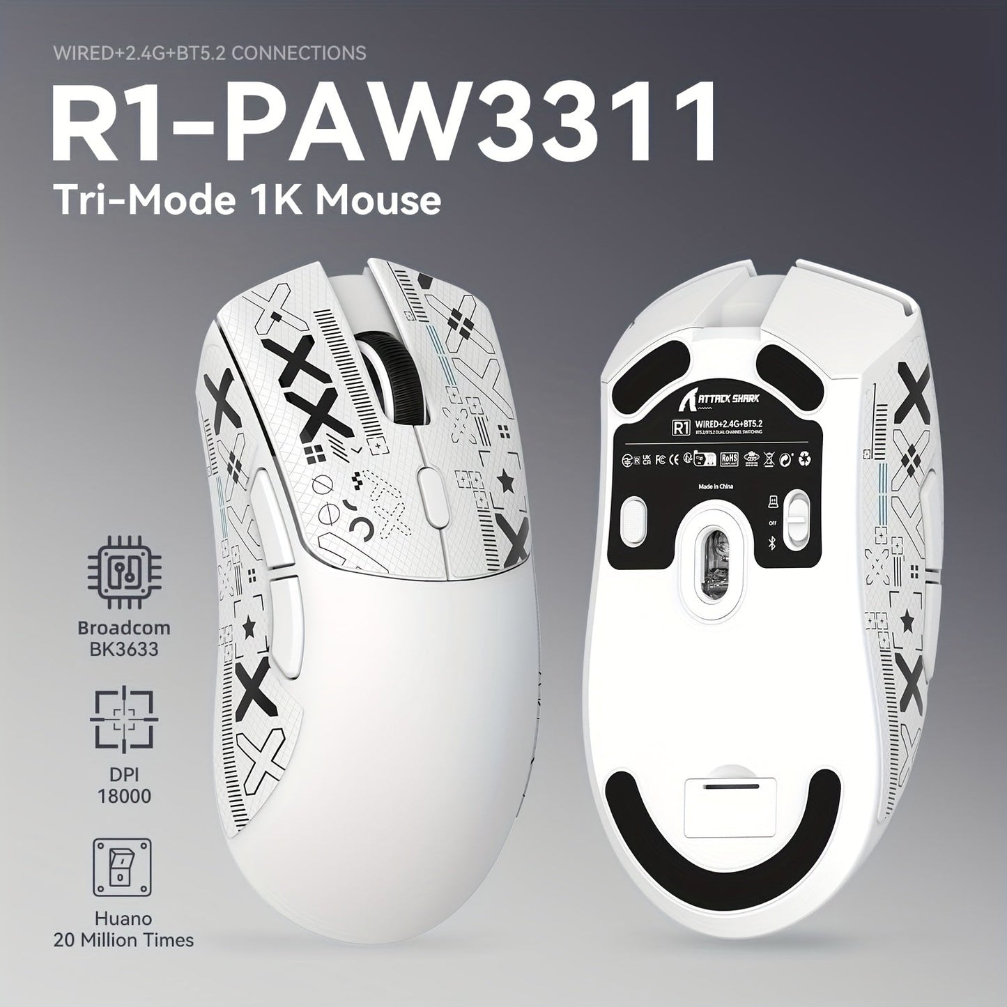 ATTACK SHARK R1 PRO 59g SUPERLIGHT Mouse, PixArt PAW3311 Gaming Sensor, BT/2.4G Wireless/Wired Gaming Mouse, 6 Adjustable Up To 18000, 65 Hrs Battery, Office Mice For Win11/Xbox/PS/Mac (()Black )