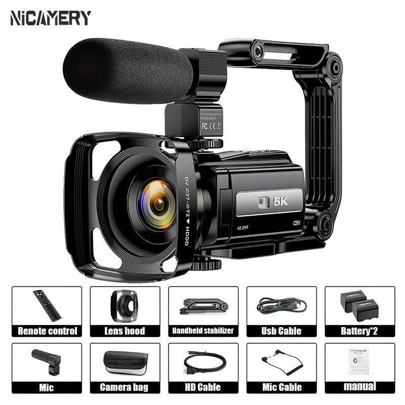Nicamery 3.0-inch Rotating 270-degree Capacitive Touch Screen, 5K HD Digital Video Camera, 48MP Pixels, 16x Digital Zoom, Supports WIFI, HD, Six-axis Stabilization, Remote Control Manipulation, Comes With 2 Pieces Of 2000mAh