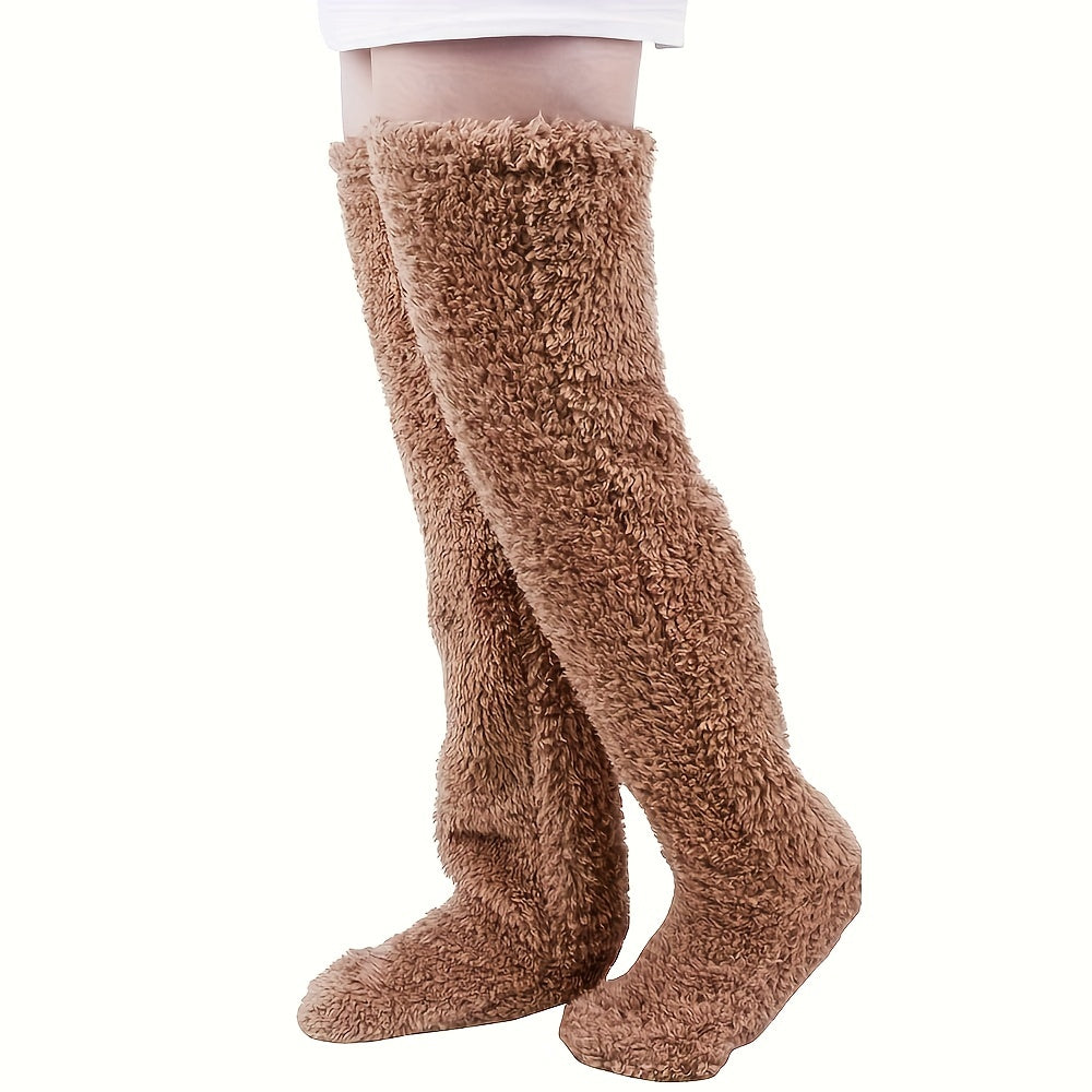 Cozy Couple's Thigh-High Fuzzy Socks - Warm, Durable Knit Over-The-Knee Stockings, Easy-Care Solid Hosiery
