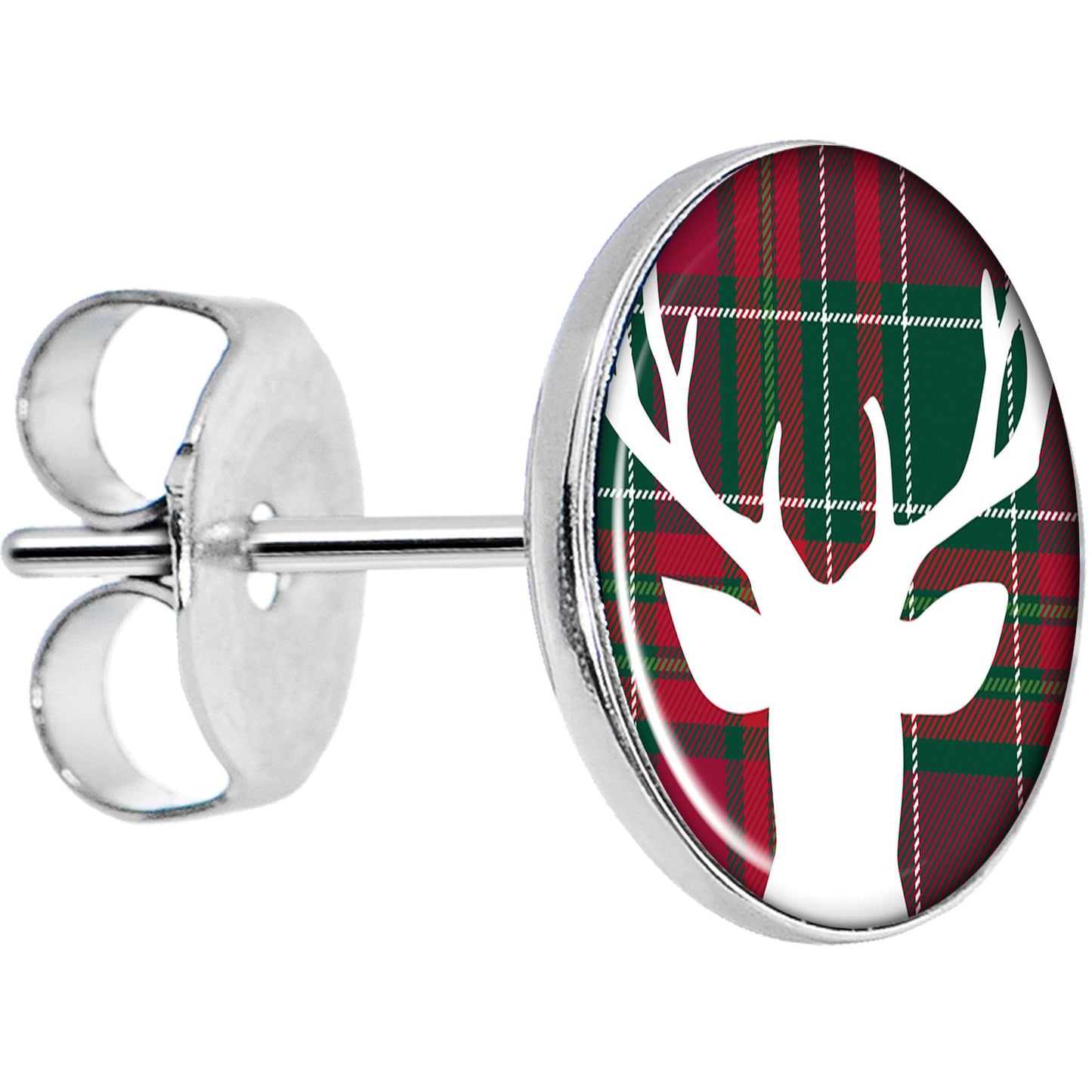 Red Green Plaid Reindeer Stud Earrings