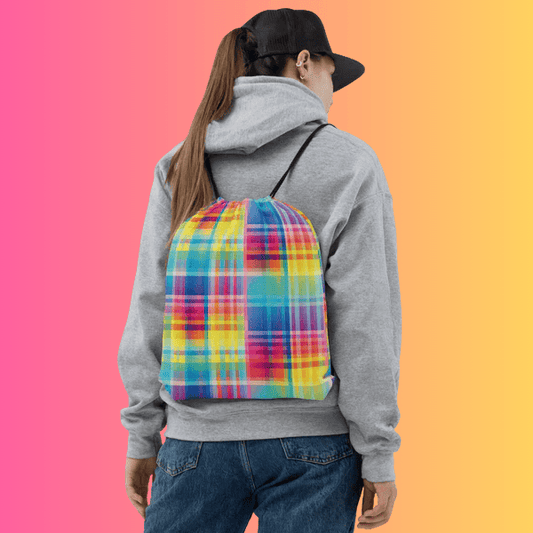 Bold Neon Plaid Drawstring Bag for Festivals and Raves