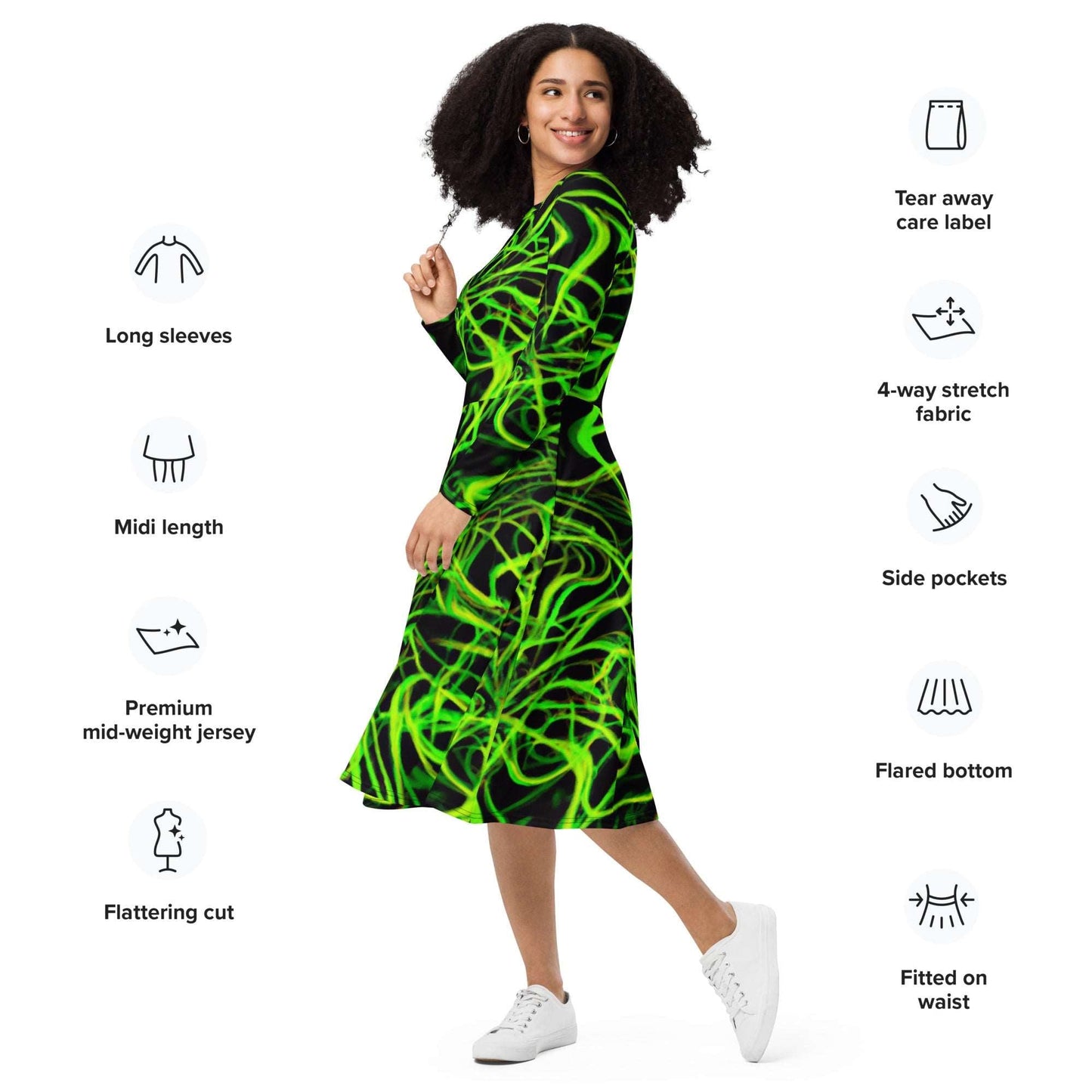 Green Charged All-over Print Comfy long sleeve midi dress - Lizard Vigilante