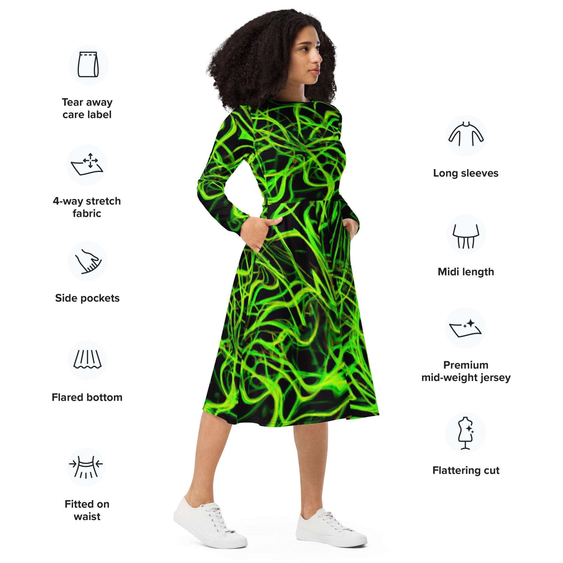 Green Charged All-over Print Comfy long sleeve midi dress - Lizard Vigilante