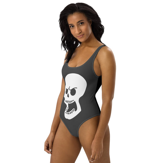 Dare to Make Waves: Angry Skull One-Piece Swimsuit for Fearless Fashionistas! - Lizard Vigilante