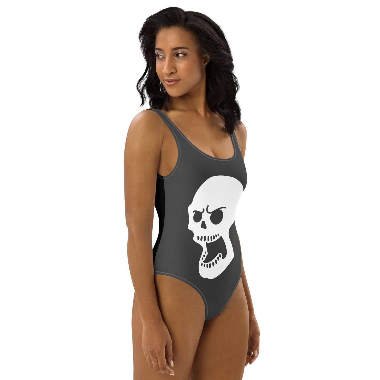 Dare to Make Waves: Angry Skull One-Piece Swimsuit for Fearless Fashionistas! - Lizard Vigilante