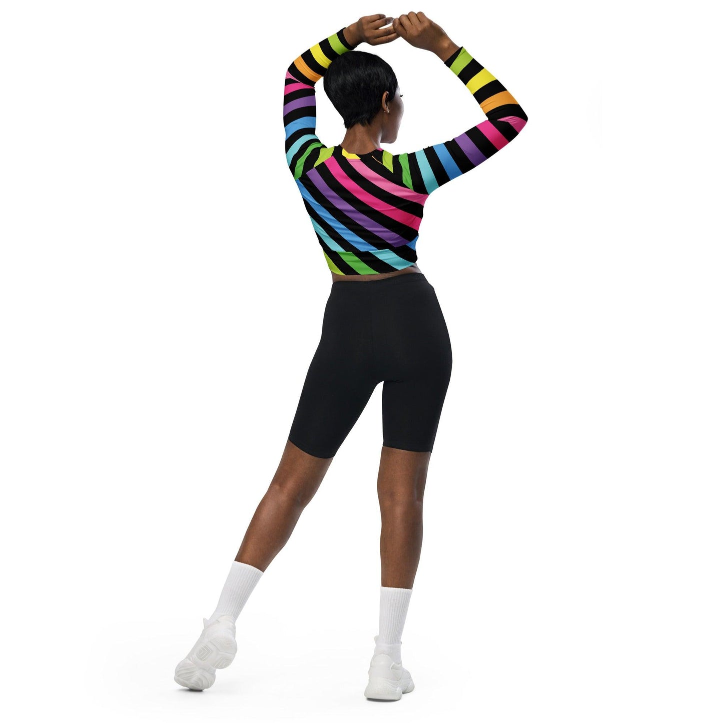 Neon Rainbow Stripe Long-Sleeve Crop Top for Festival Vibes