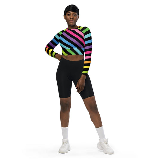 Neon Rainbow Stripe Long-Sleeve Crop Top for Festival Vibes