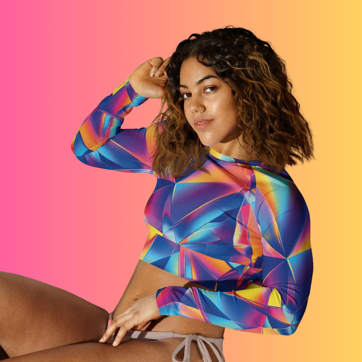 Vibrant Abstract Geo Long-Sleeve Crop Top for Festivals