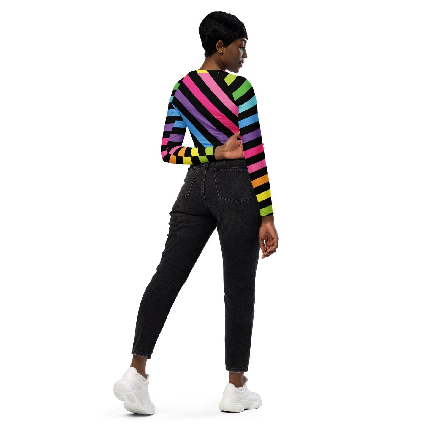 Neon Rainbow Stripe Long-Sleeve Crop Top for Festival Vibes
