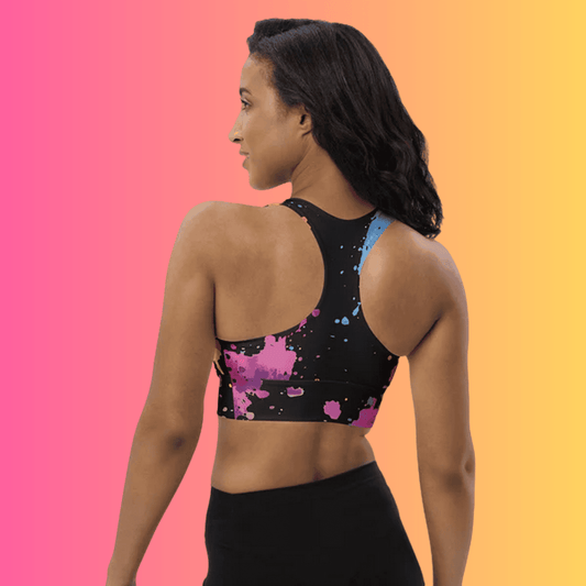 Vibrant Paint Splatter Longline Sports Bra for Rave Enthusiasts