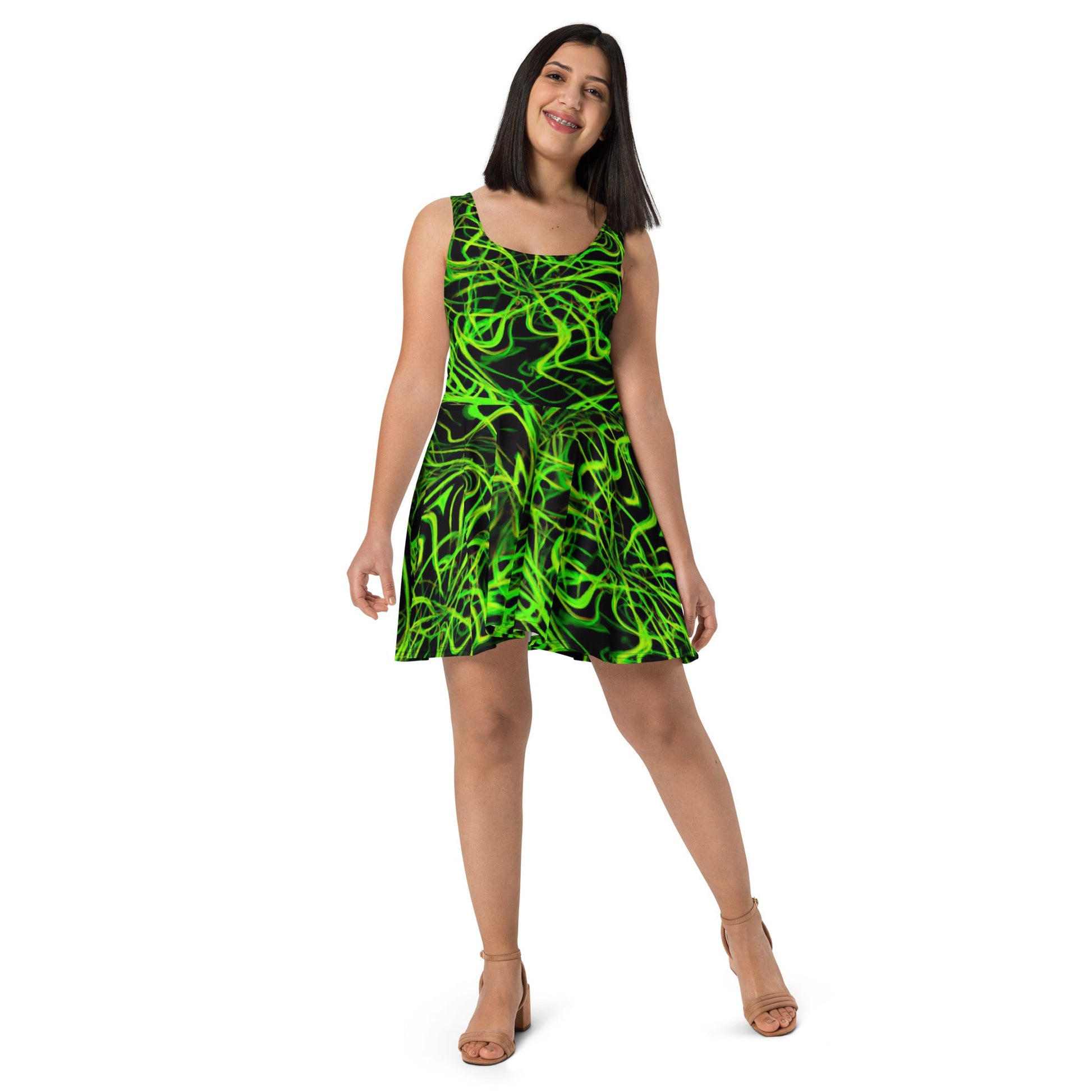 Dazzlingly Vibrant Sleeveless Skater Dress: Embrace Radiant GREEN Styling! - Lizard Vigilante