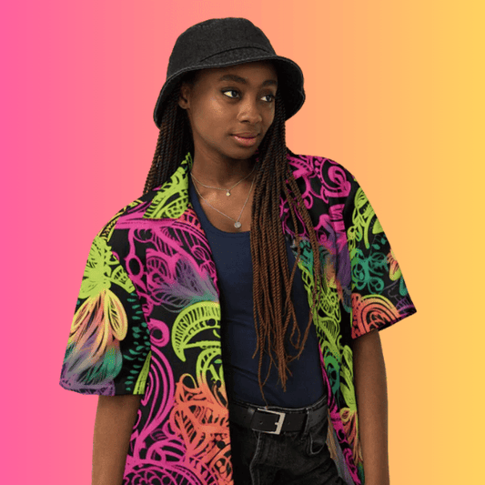 Vibrant Neon Lace Button-Up Shirt for Rave and Festival Vibes