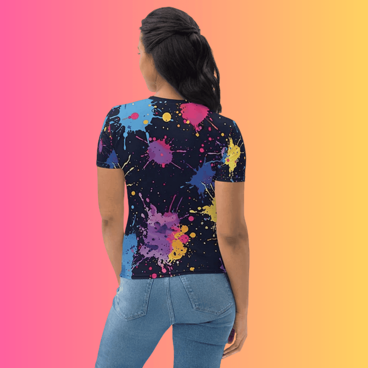 Vibrant Abstract Paint Splatter Women’s Festival T-Shirt for EDM Lovers