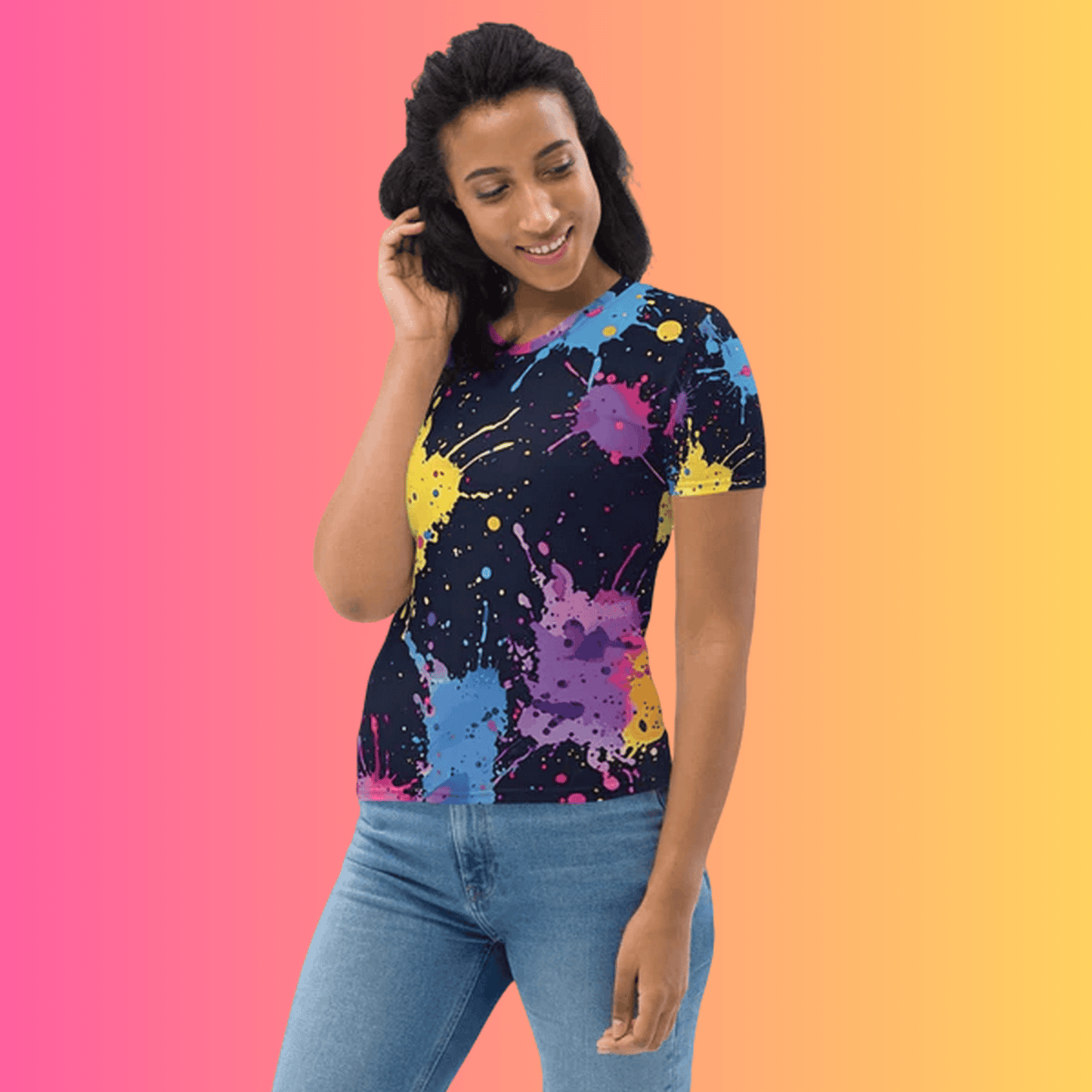 Vibrant Abstract Paint Splatter Women’s Festival T-Shirt for EDM Lovers