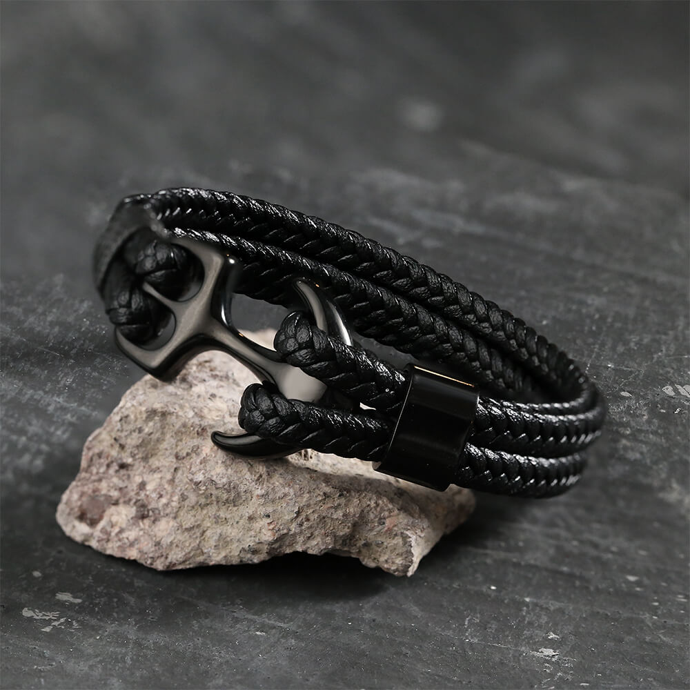 Anchor Buckle Braided Leather Stainless Steel Bracelet