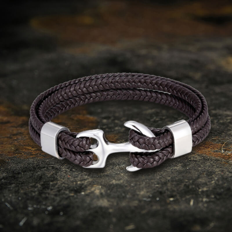 Anchor Buckle Braided Leather Stainless Steel Bracelet