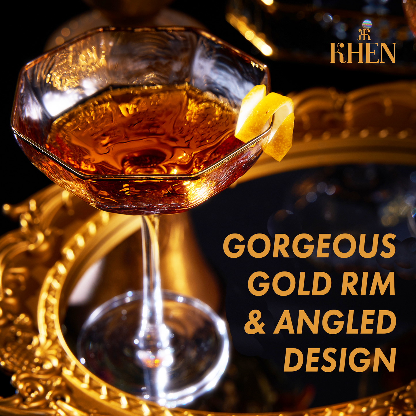 Vintage Crystal Champagne Coupe Gold Rim Hexagonal Angled Glasses | Set of 4 | 6 oz, Art Deco Rim Classic Cocktail Glassware - Martini, Cosmopolitan, Sidecar, Daiquiri | 1920s Style Saucer Goblets