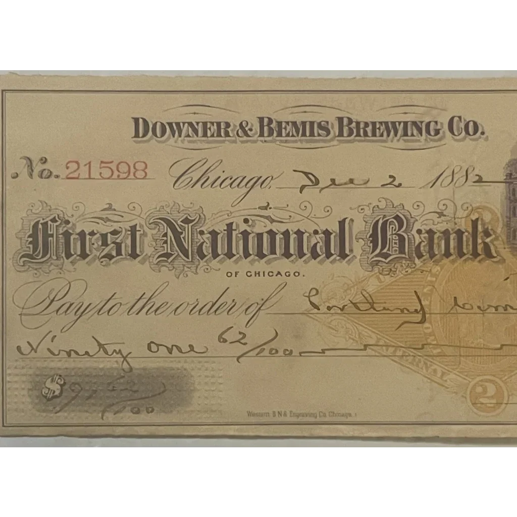 Rare Antique 1880s Downer and Bemis Brewing Co. Chicago Check