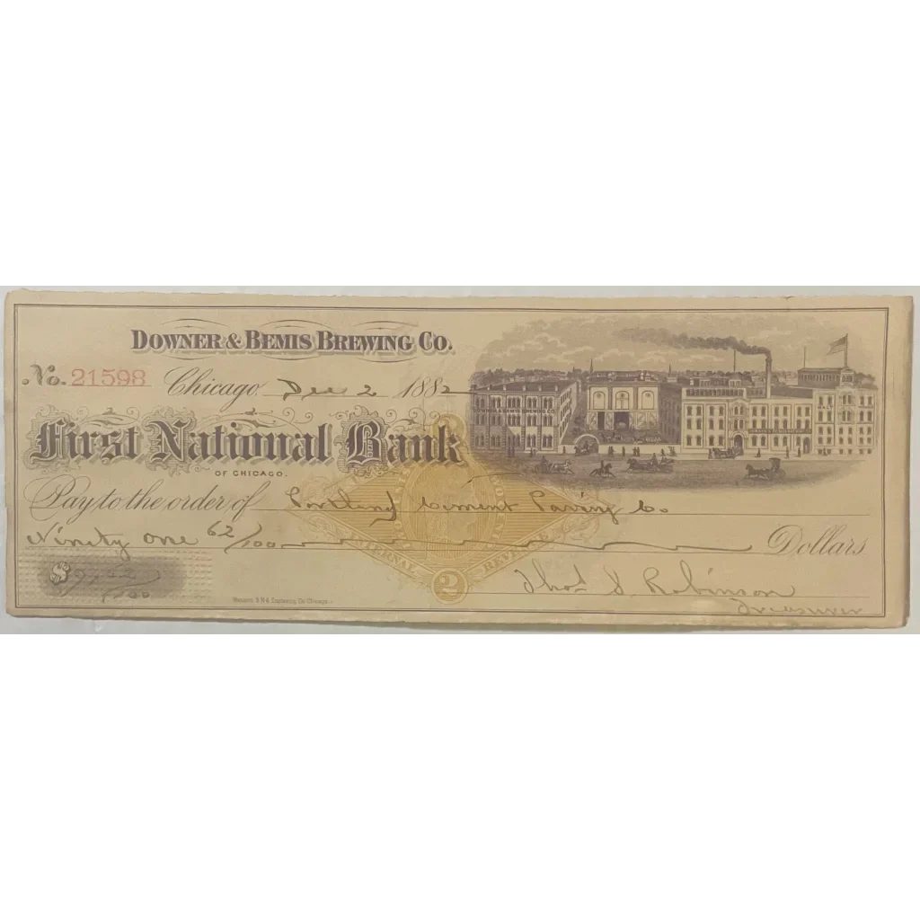 Rare Antique 1880s Downer and Bemis Brewing Co. Chicago Check