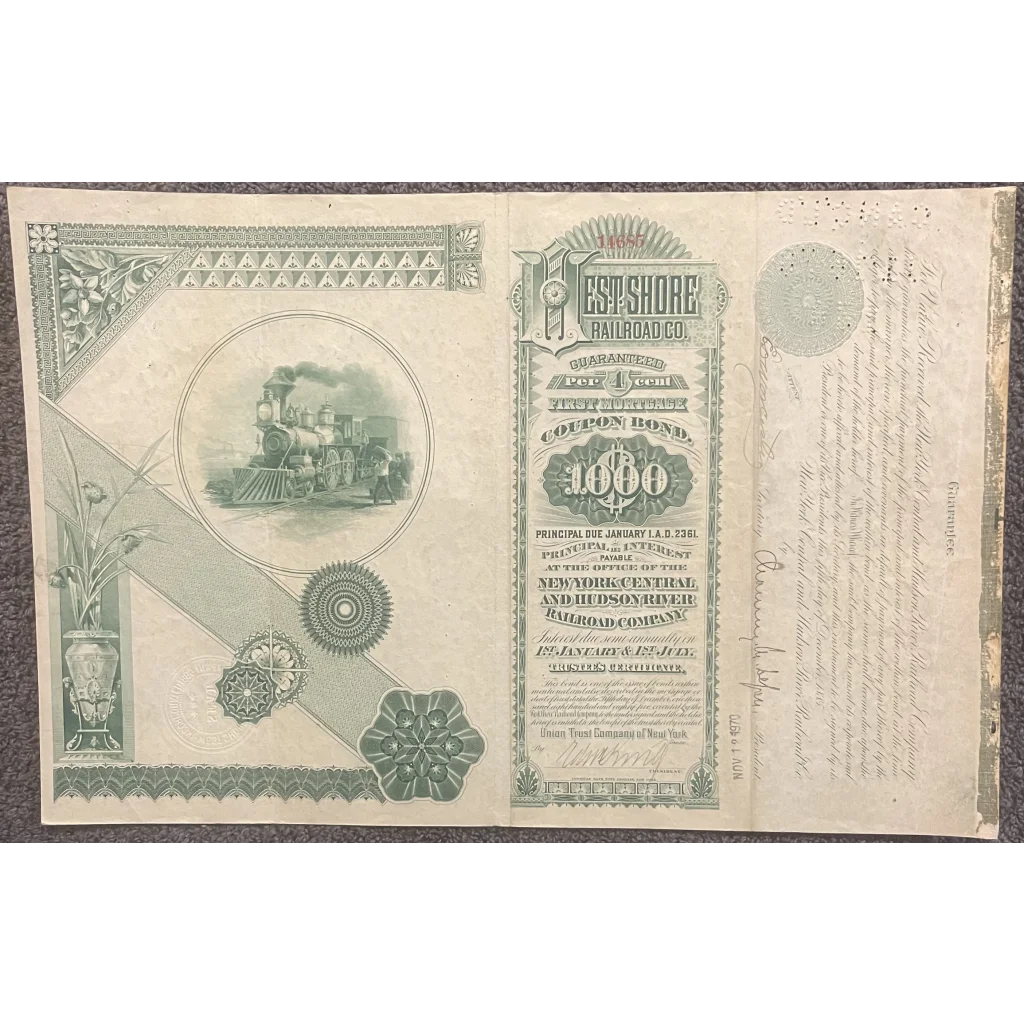 Rare 1885 West Shore Railroad Gold Bond Certificate Unearthed
