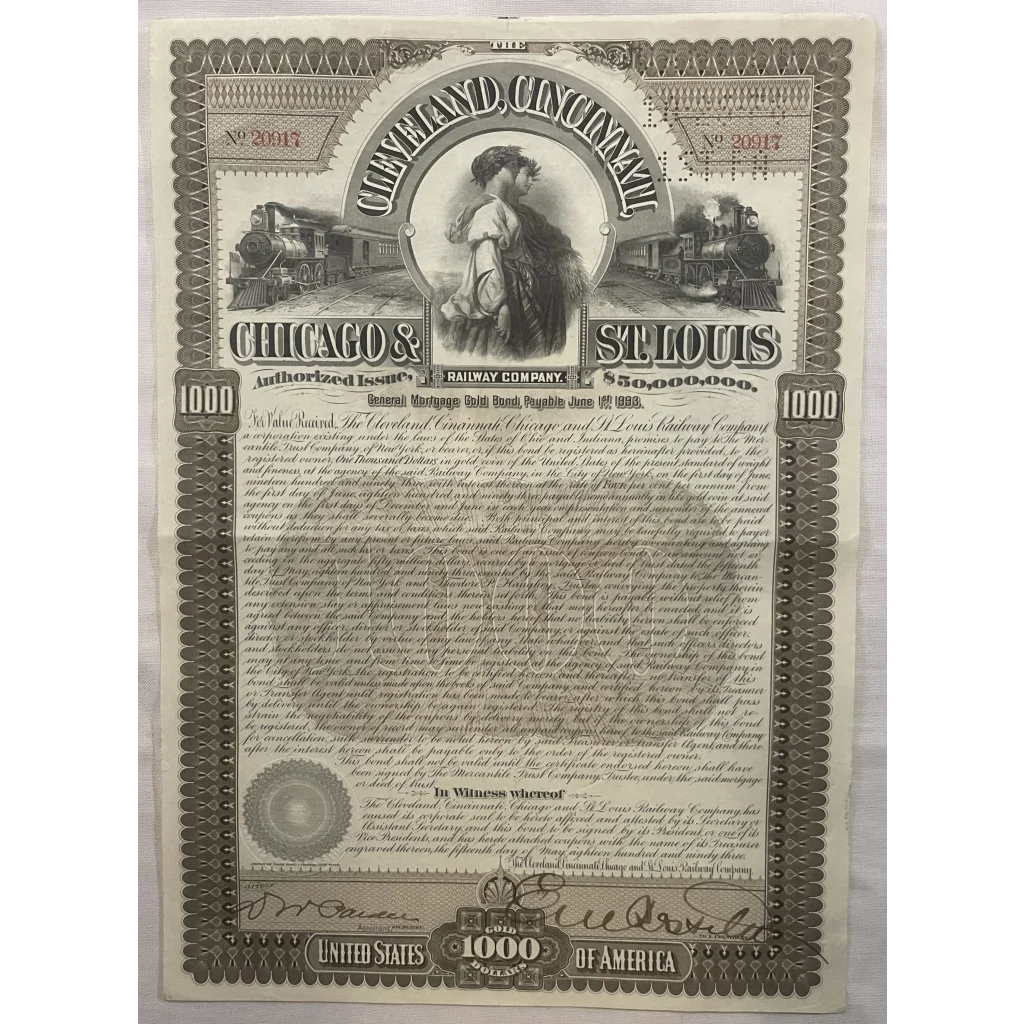 Rare 1893 Railroad Bond Certificate from Cleveland Railway History