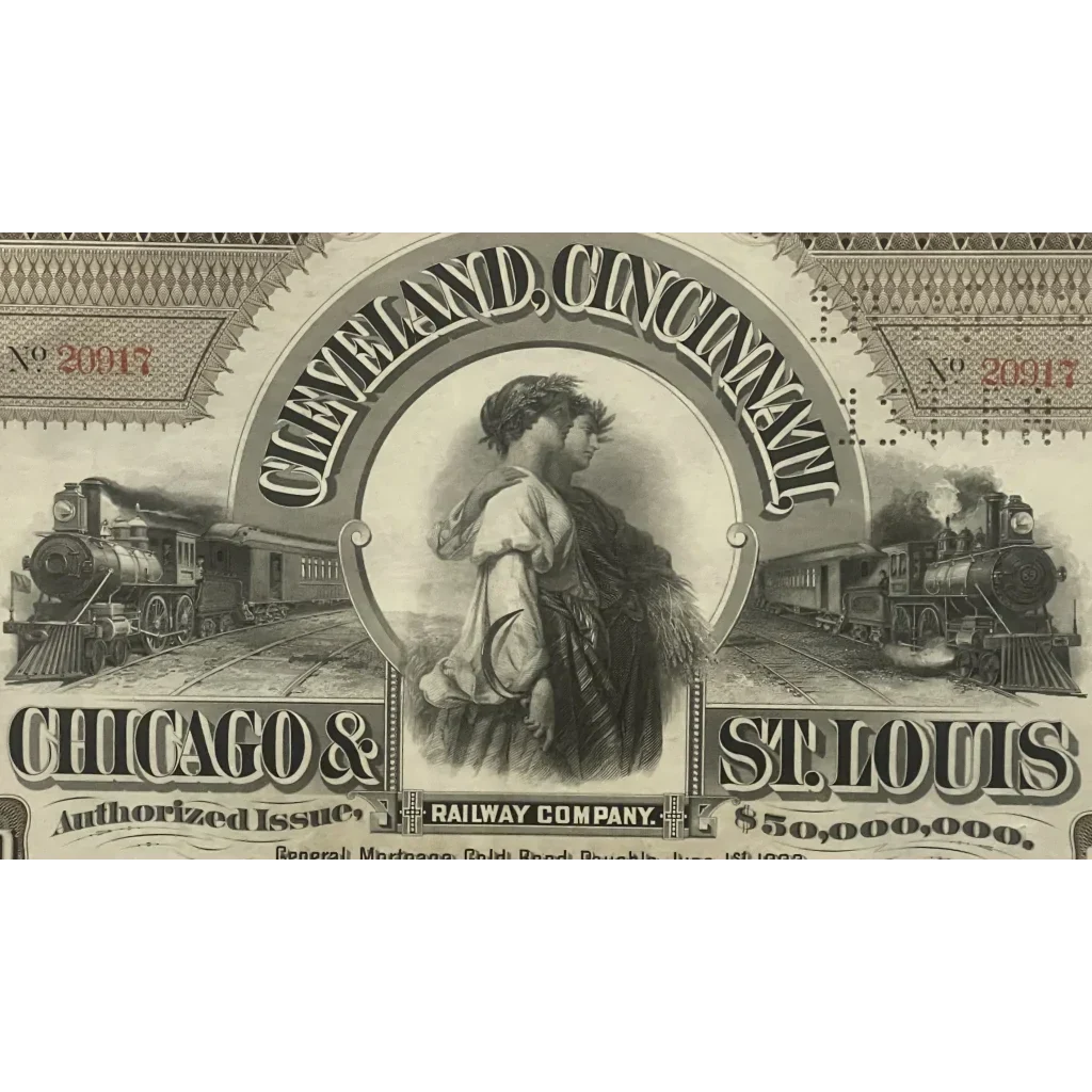 Rare 1893 Railroad Bond Certificate from Cleveland Railway History