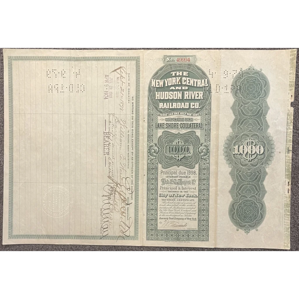 Rare 1898 New York Central Railroad Gold Bond Certificate