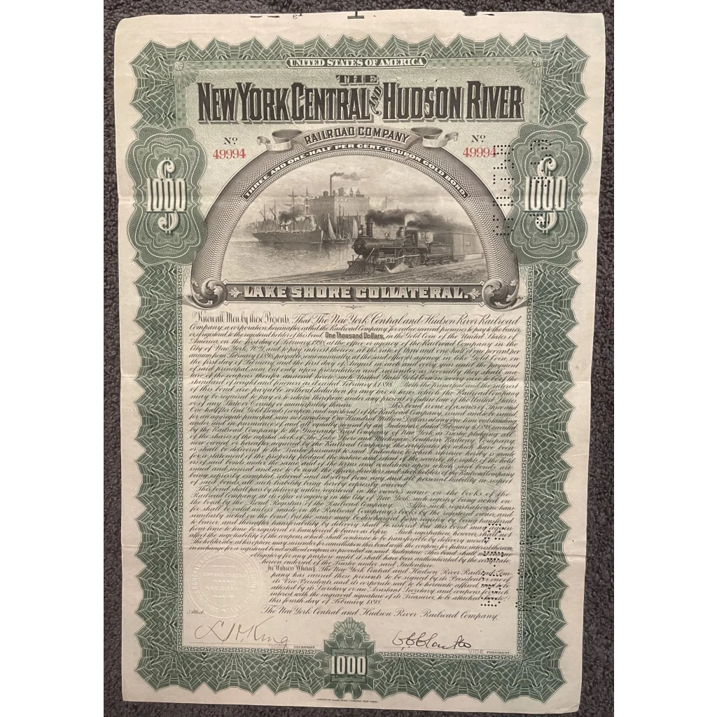 Rare 1898 New York Central Railroad Gold Bond Certificate