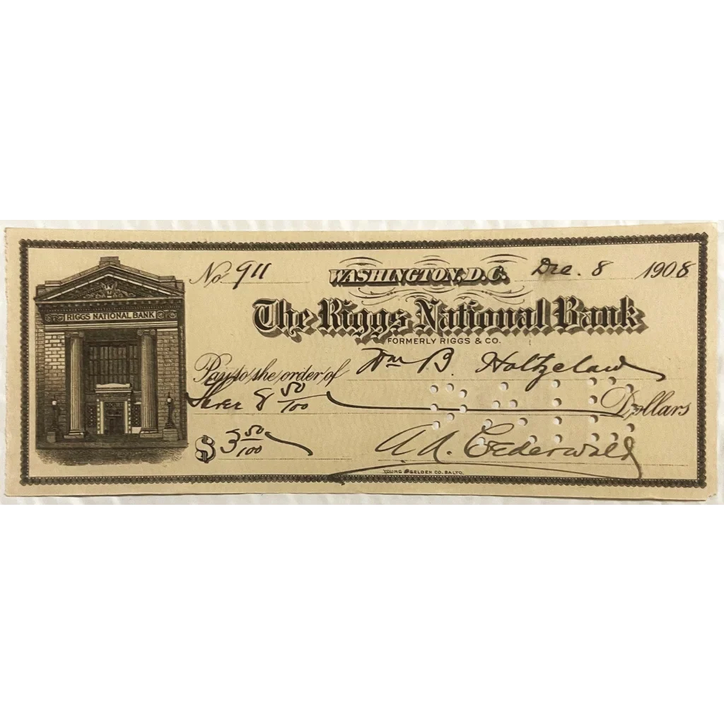 Rare Riggs National Bank Check from Early 1900s America
