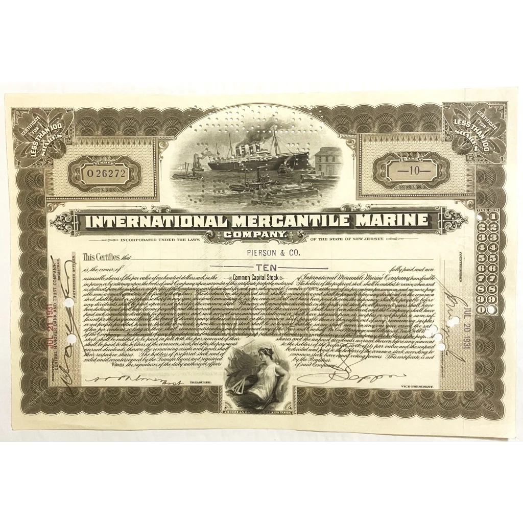 Rare Titanic Era International Mercantile Marine Stock Certificate
