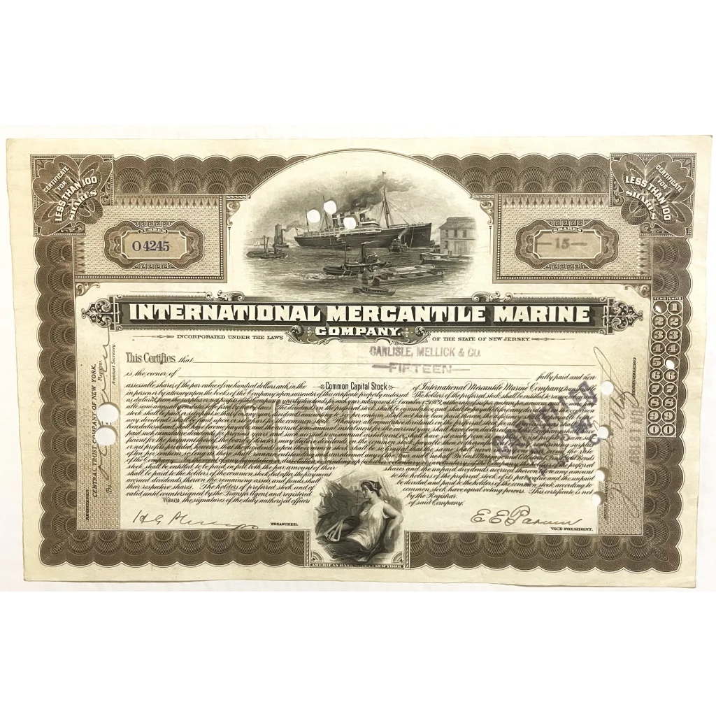 Rare Titanic Era International Mercantile Marine Stock Certificate