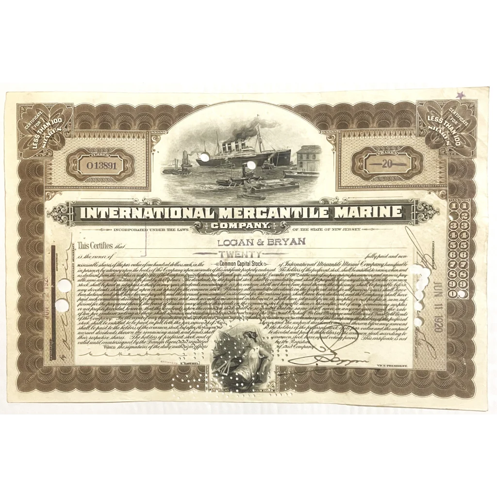Rare Titanic Era International Mercantile Marine Stock Certificate