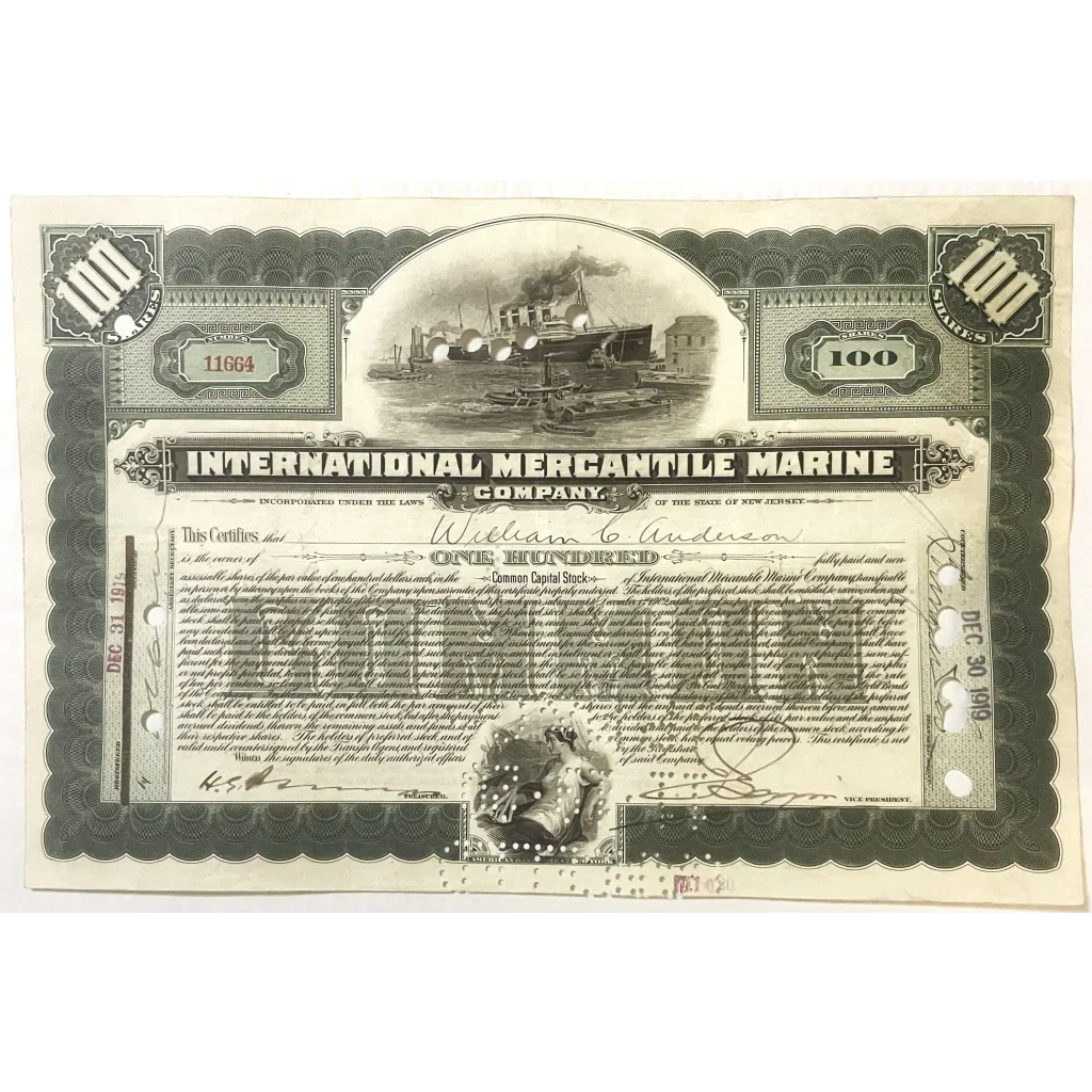 Rare Titanic International Mercantile Stock Certificate from 1910s