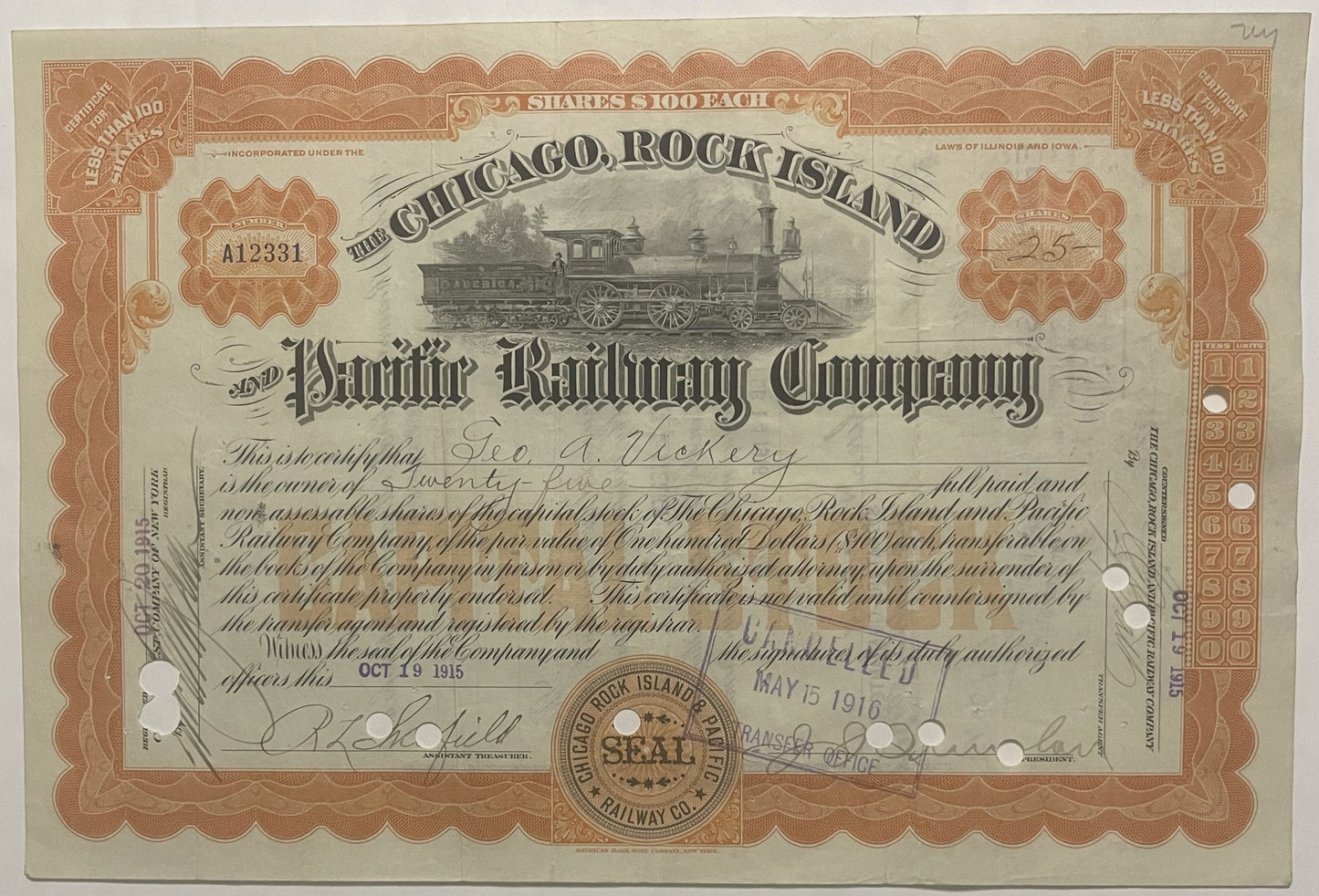 Rare 1915 Chicago Rock Island Pacific Railroad Stock Certificate