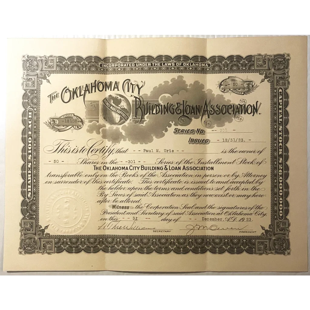 Rare Gem Antique 1920s Oklahoma Loan Association Stock Certificate