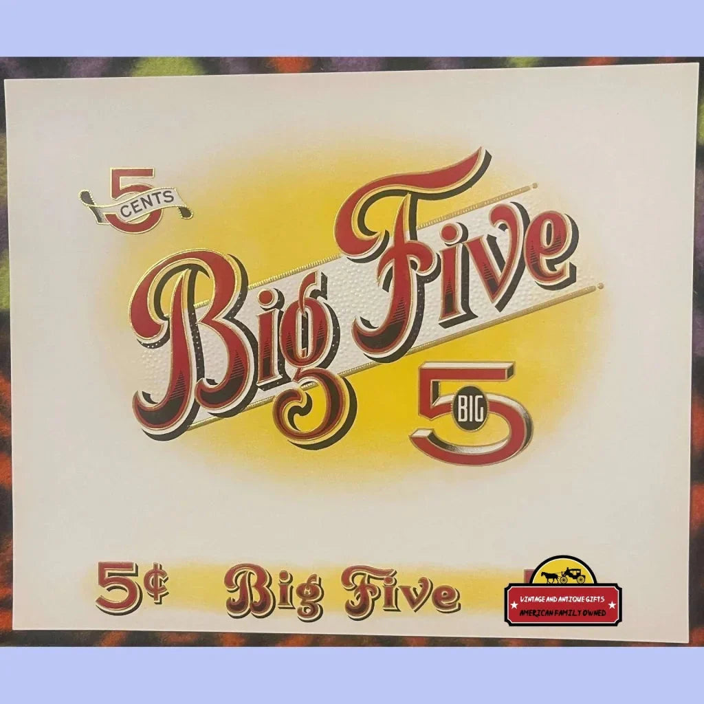 Rare Antique Vintage Big Five Cigar Label Embossed Collectible