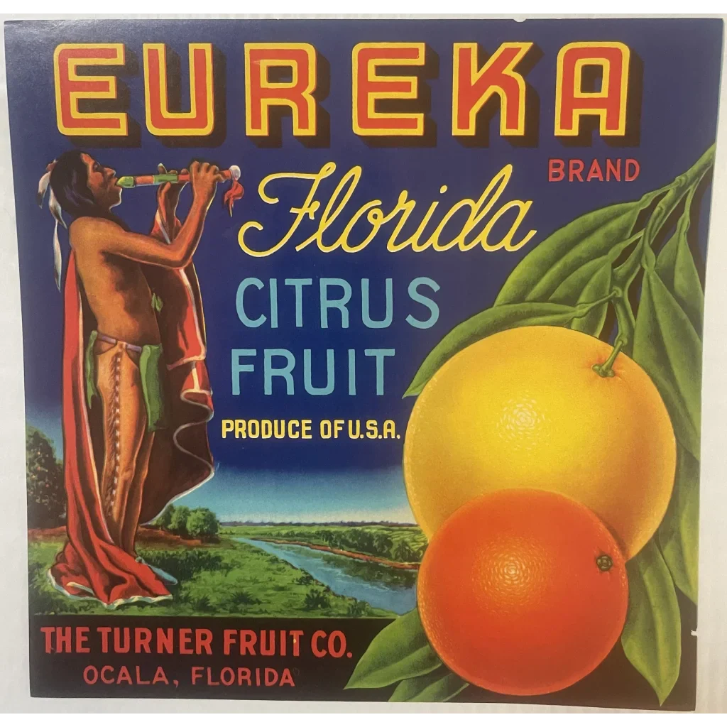 Rare Antique Vintage Eureka Crate Label Native American Florida Art