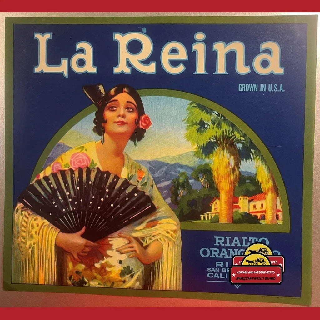 Rare 1930s La Reina Antique Vintage Crate Label from California