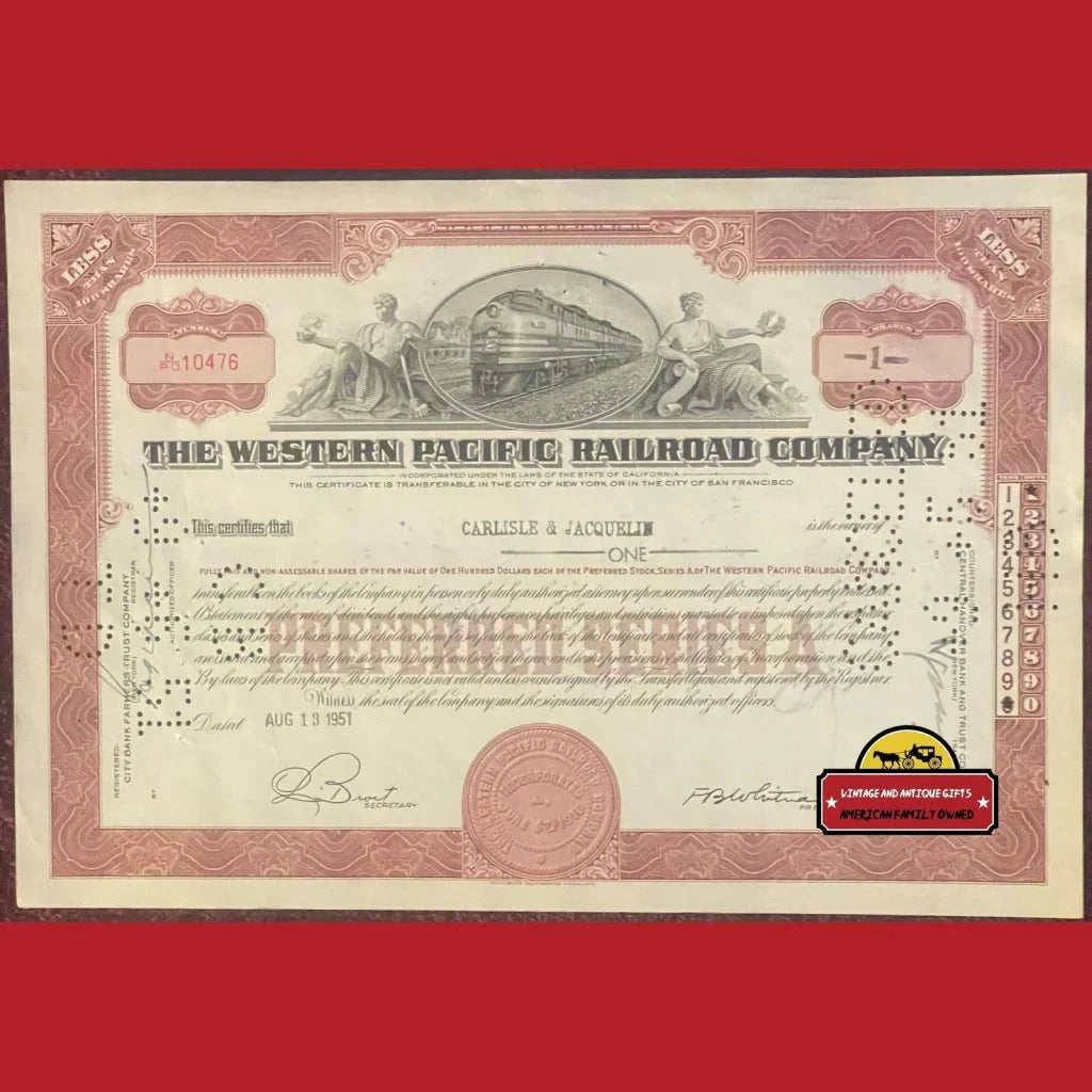 Rare Western Pacific Railroad Stock Certificate from the 1940s-50s