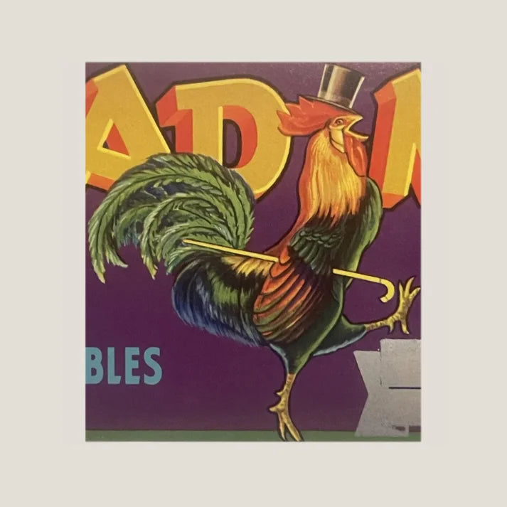 Antique Vintage 1950s Head Man Crate Label with Rooster