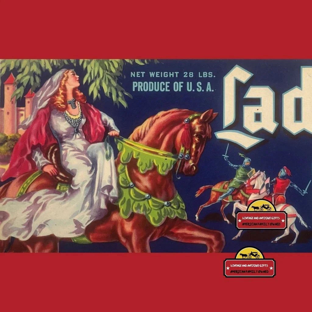 Rare 1950s Lady Rowena Antique Vintage Crate Label with Knight Duel